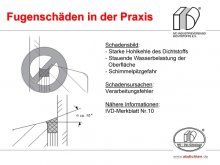 Fugenschäden in der Praxis: Starke Hohlkehle des Dichtstoffs / Stauende Wasserbelastung der Oberfläche / Schimmelpilzgefahr 